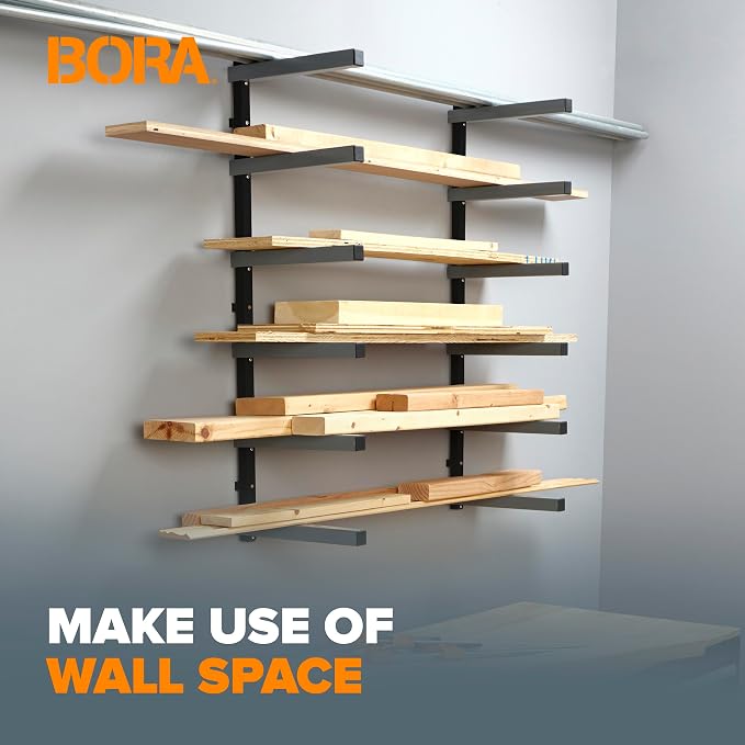 BORA Wood Rack, 6-Level Wall Mount Lumber Storage Rack for Wood Storage | Metal 6-level wall mount wood rack for lumber storage board storage and material shelving