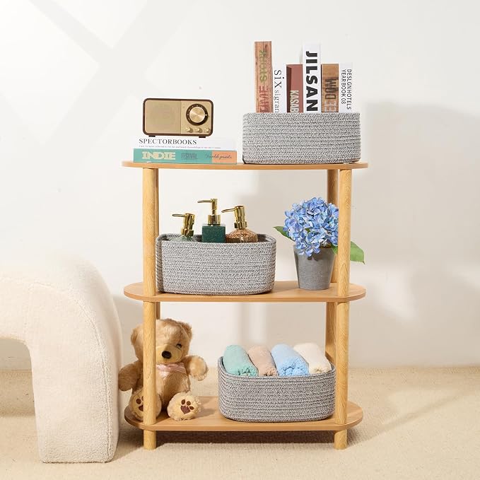 MiniArk Small Storage Baskets for Organizing | Closet Organizer Bins | Shelf Toy Basket | Woven Rope Baskets | Cube Decorative Box | Shallow Basket | 11.5x7.5x4.7” | 4 Packs Mixed Grey