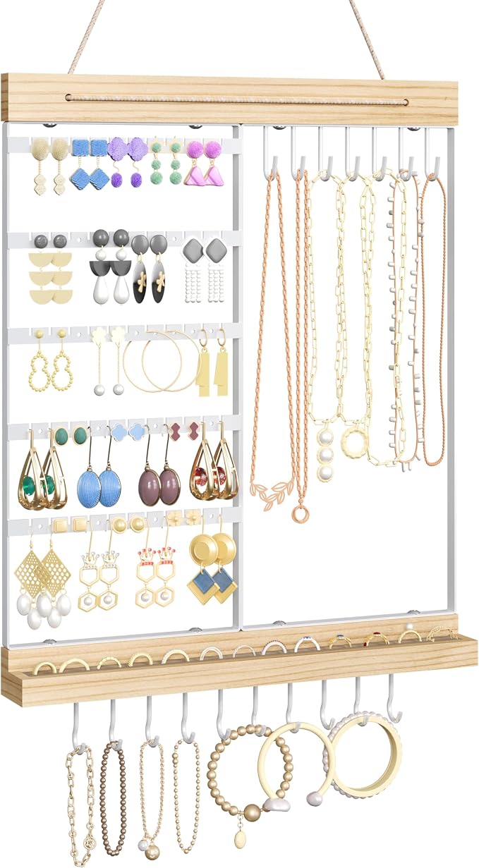 Feyejade Hanging Jewelry Organizer and Storage, 5-Tier White Earring Necklace Holder Jewelry Display Organizer Stand Rack, Wall Mounted for Earrings Necklaces Bracelets and Rings, White