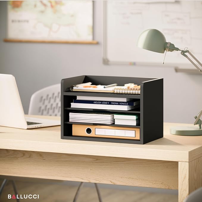 Ballucci File Organizer, 4-Tier Office Desk Organizer, Open Top Wood Paper Organizer for Classroom, Desktop Mail Sorter Paper Tray, Black