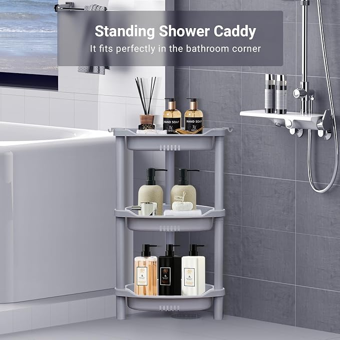ELYKEN Corner Shower Caddy Standing, 3 Tier Plastic Shower Organizer, Grey | Rustproof Plastic Shower Shelves with Hook for Storing Bath Essentials in Bathroom corner, Bathtub