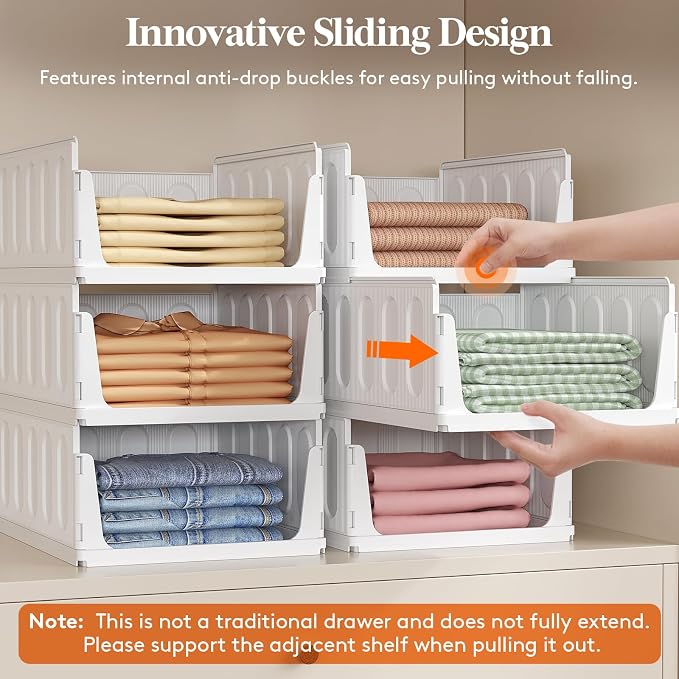 Lifewit 6 Pack Stacking Closet Organizers Shelf for Clothes 16.5" Depth | Plastic Stackable Sweater Storage basket Bins for Wardrobe, Multifunctional Pants Organizer for RV, Pantry, Kitchen, Dorm