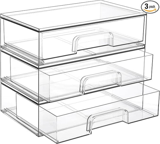 Vtopmart 12.1''W Clear Stackable Storage Drawers,3 Pack Acrylic Plastic Organizers Bins for Makeup Palettes, Cosmetics, and Beauty Supplies,Ideal for Vanity, Bathroom,Cabinet,Desk Organization | Clear Pull-Out Plastic Drawers, Stackable Design for Make...