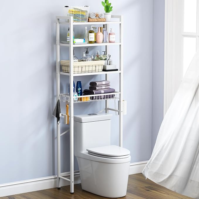 Kalrin Over-The-Toilet Storage Rack, 4-Tier Bathroom Organizer Shelf Over Toilet with Adjustable Shelf and Basket, Freestanding Space Saver Bathroom Shelves Above Toilet for Room (Pure White)