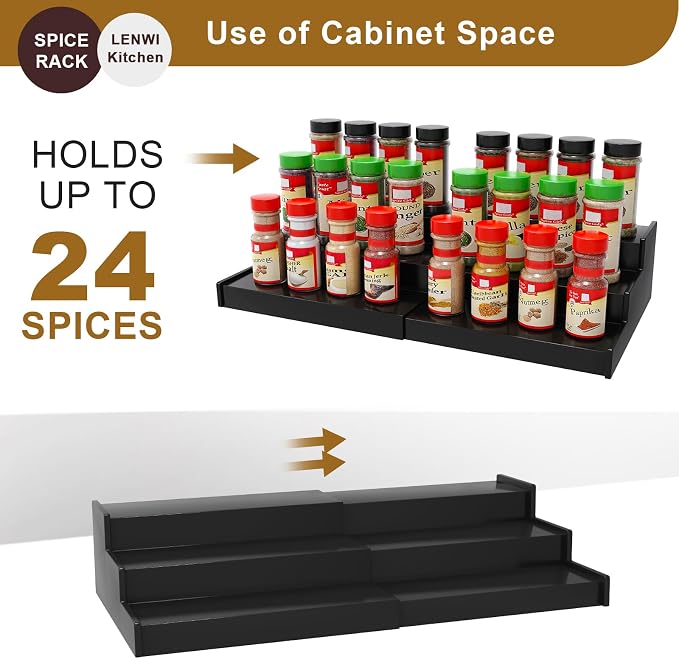 Lenwi Spice Rack Organizer for Cabinet, 3 Tier Expandable Bamboo Spice Storage for Kitchen Cupboard Pantry, Black