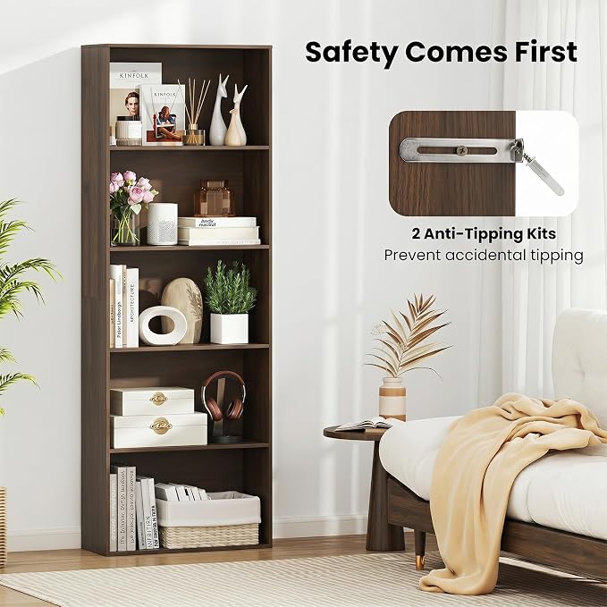 Giantex 5-Tier Bookshelf Set of 2, Freestanding Bookcase with 5 Open Shelf | Modern Display Shelf, Storage Organizer for Living Room, Home Office, Dark Walnut