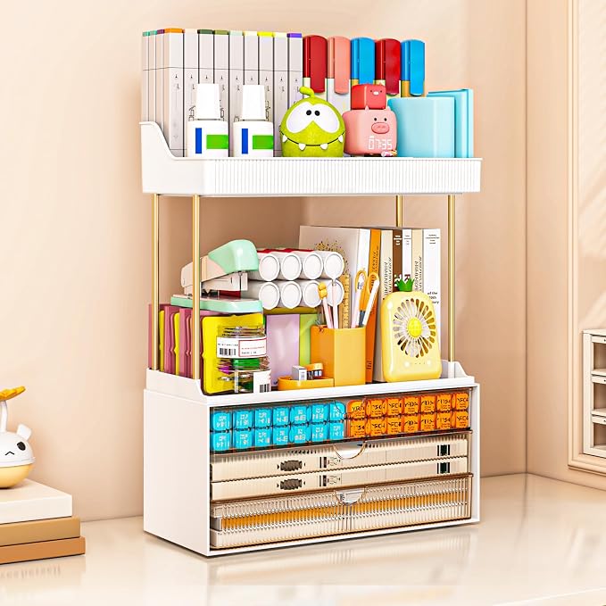 caktraie 3-Drawer 2-Tier Acrylic Makeup & Bathroom Vanity Organizer | Amber,3 smooth drawers, 2 open shelves, dustproof, wipe clean, for large skincare, perfumes, lipsticks, dresser, counter