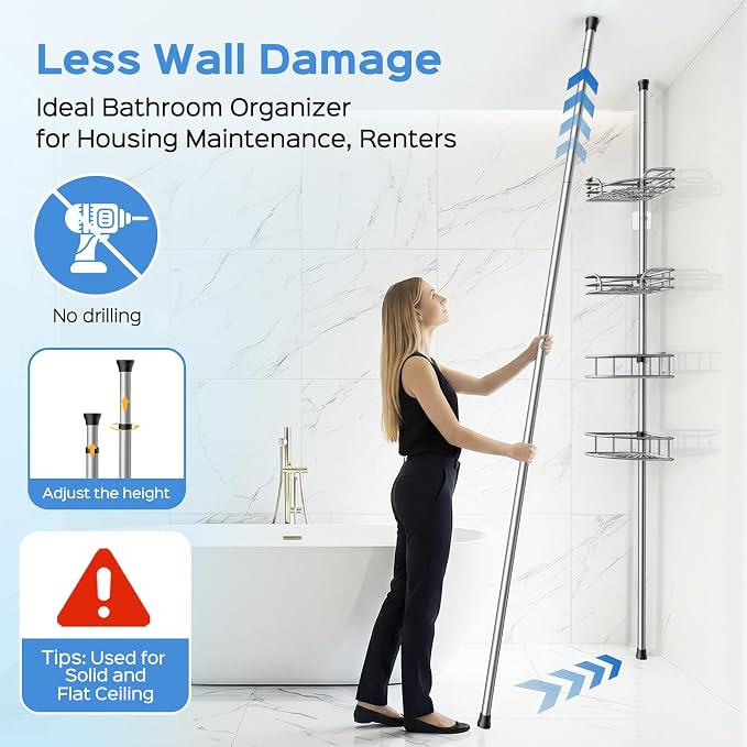 HAMITOR Shower Caddy Corner Tension Pole: 4-Tier Large Capacity Bathroom Organizer Shelves - Waterproof No-Drill Adjustable 47-123 inch Storage for Renters, Home Bathtub Stand Rack, Silver Gray