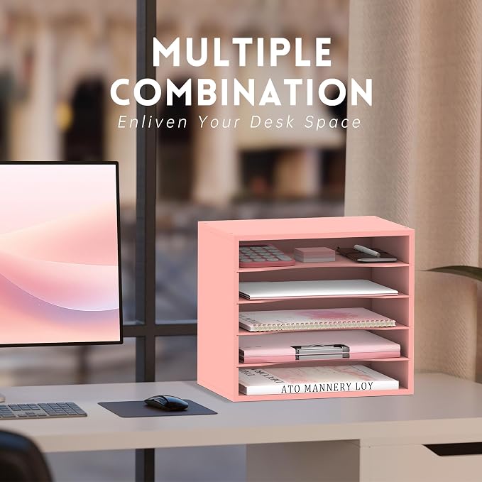 5 Tier Wood Desk Organizer, Mail Sorter and Paper Organizer for Desk, Pink | Wooden Desktop Organizer for Sorting Papers, Letters and Mails, Literature Organizer for Home Office, Classroom Organization