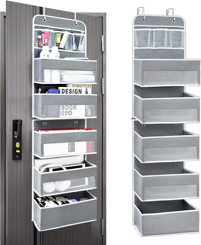 Over the Door Organizer with 10 Side Mesh Pockets,6 Shelf | 4 Shelf Capacity Hanging Behind the Door Kitchen Organizers&Storage Suitable for Storing Toys, Shoes, Towels, Grey
