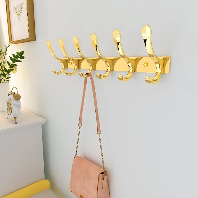 SKOLOO Heavy Duty Wall Mounted Coat Rack - 6 Hooks, Stainless Steel, Sturdy Coat Hooks for Hanging Coats, Jacket, Clothes, Hat, Bright Gold