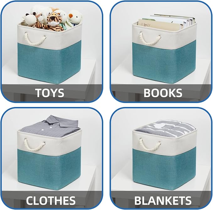 Temary Fabric Storage Set - 4 Large Cube Baskets (13x13), White & Teal