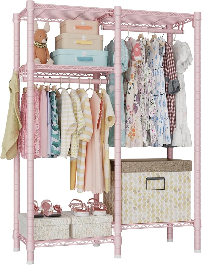 F1 Clothes Rack for Kids, Baby, Students, and Children's Room, 4 Tiers Portable Metal Closet Clothing Rack, Small Garment Rack with 2 Hanging Rod, 31.2" W x 11.8" D x 48" H, Pink | Clothing Rack for Baby and Children's Room, Small Freestanding Clothes ...