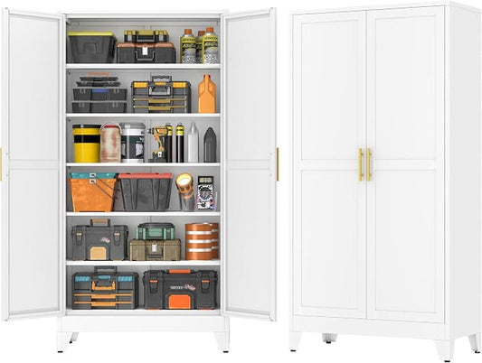 GAIOUS 79'' Tall Metal Garage Storage Cabinet, Home Office Cabinet White | Home Office Storage, File Cabinet Tool Cabinets with 2 Doors and 5 Adjustable Shelves for Warehouse Garage Outdoor Steel