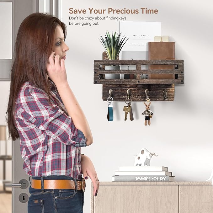 Key Holder Wall Mount Farmhouse Key Hooks for Wall with Mail Organizer Decorative Key Rack with 4 Sturdy Hooks for Dog Leash, Sunglasses, Rustic, Paulownia Key Hanger for Entryway, Brown