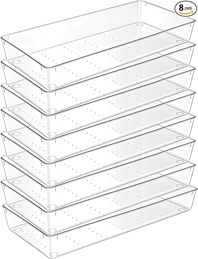 Manalete 8 Pcs Large Clear Plastic Drawer Organizer,12"x6" Vanity Organizer | Durable Clear PET Storage Bins Tray for Desk, Kitchen & Bathroom, Office, Tools, Easy Clean, Stackable, BPA-Free