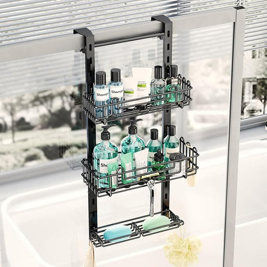 HapiRm 3 Tier Over the Door Shower Caddy, Hanging Shower Caddy with 16 Hooks and 2 Soap Holders, No Drilling Adjustable Hanging Bathroom Organizer - Black
