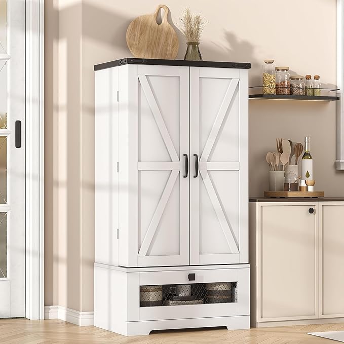 kepptory Farmhouse Pantry Cabinet with Barn Door & Adjustable Shelves, Freestanding Kitchen Storage Cabinet for Dining Room, Bathroom, Hallway (White)