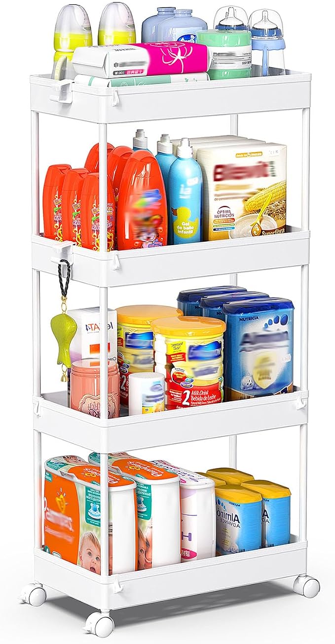 SPACEKEEPER 4 Tier Rolling Cart, Bathroom Cart Organizer with Wheels, White | Mobile Storage Cart for Laundry Room Organization,Kitchen,Office,Bathroom, Utility Cart for Snack,Craft,Art,Makeup,Nail,Toys