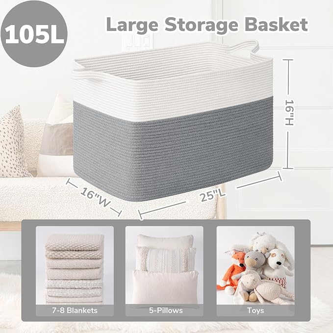 Goodpick 105L Extra Large Woven Blanket Basket Cotton Rope Storage Baskets for Organizing, Rectangle Baby Laundry Basket for Living Room Home Decor, 25"x16"x16", White & Gray