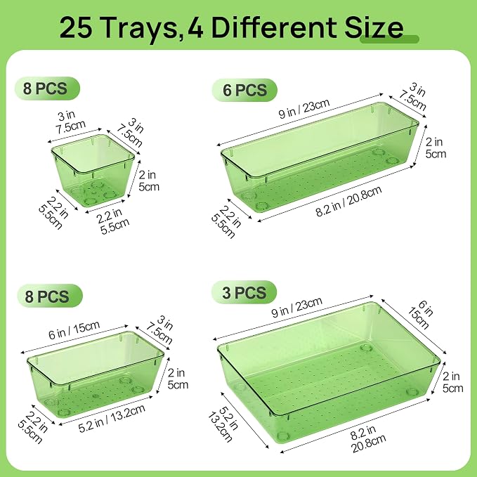 Vtopmart 25 Pack Plastic Drawer Organizers with Non-slip Rubber Pads | 4-Size Versatile Makeup Organizer, Storage Containers Small Bins for Makeup, Jewelries, Bedroom, Kitchen Utensils and Office