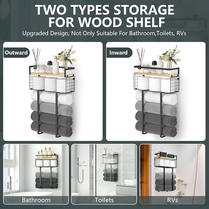 Xstydes Towel Racks for Bathroom, Metal Towel Holder with Storage Basket,Wall Towel Rack for Rolled Towels, Towel Storage for Small Bathroom.