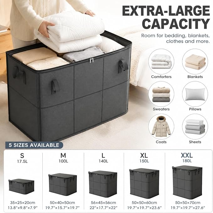 Spacious Moving Foldable Storage Bin with Reinforced Handles & Zipper，L：3 | XXL Foldable Large Capacity Storage Bag for Bedding, Blankets and Seasonal Clothes