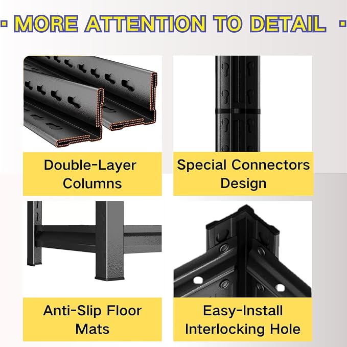 Garage Shelving, Heavy Duty Storage Shelves, Adjustable Boltless Units | Metal Shelving with Double Layer Posts, Industrial Steel Shelving for Garage Basement Warehouse Kitchen, Black, 72H*35W*16D