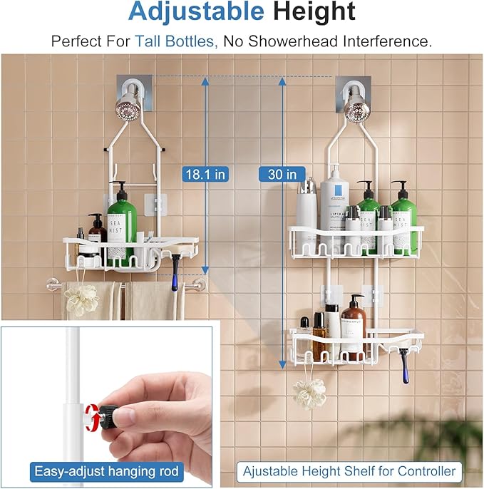 Upgraded Extended Length Shower Organizer with Hooks, Rustproof Shampoo Soap Holder, Large Hanging Bathroom Caddy, White