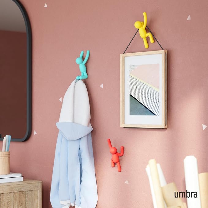 Umbra Buddy Wall Hooks – Decorative Wall Mounted Coat Hooks for Hanging Coats, Scarves, Bags, Purses, Backpacks, Towels and More, Set of 3, Red/Blue/Yellow