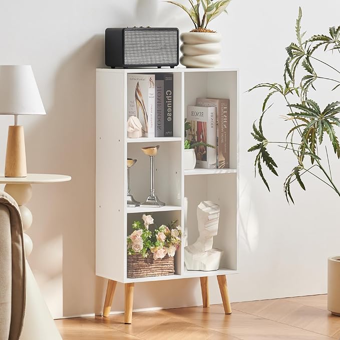 LEYAOYAO 5 Cube Bookshelf, Mid-Century Modern Book Shelf with Legs, White | 3 Tier Bookcase, Rustic Wood Bookshelves Freestanding Small Storage Organizer, Open Shelves for Bedroom, Living Room, Office