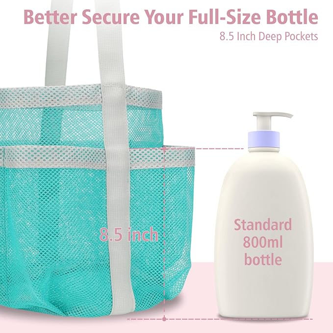 Mesh Shower Caddy Portable - 7 Pockets Large Shower Bag for Dorm, Camping | S-Hook, Quick-Dry, Hanging Toiletry Organizer, College Dorm Room Essentials for Girls, Gym, Travel & Bathroom, Mint Green