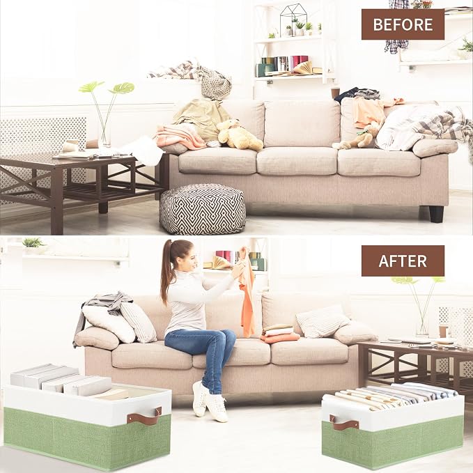 3 Pack Large Capacity Storage Bins Closet Organizer for Shelves | Fabric Closet Storage Baskets Boxes with Leather Handles for Organizing Clothes, Sheets, Jeans, Toys, Books (Green)