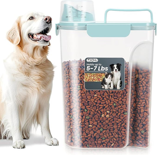 Dog Cat Food Storage Container with Cup (Light Blue, 5L) | Pet Food Pourable Container Airtight with Large Spout, BPA-Free Plastic Food Dispenser for Pet Food, Bird Seed, Rice, Flour