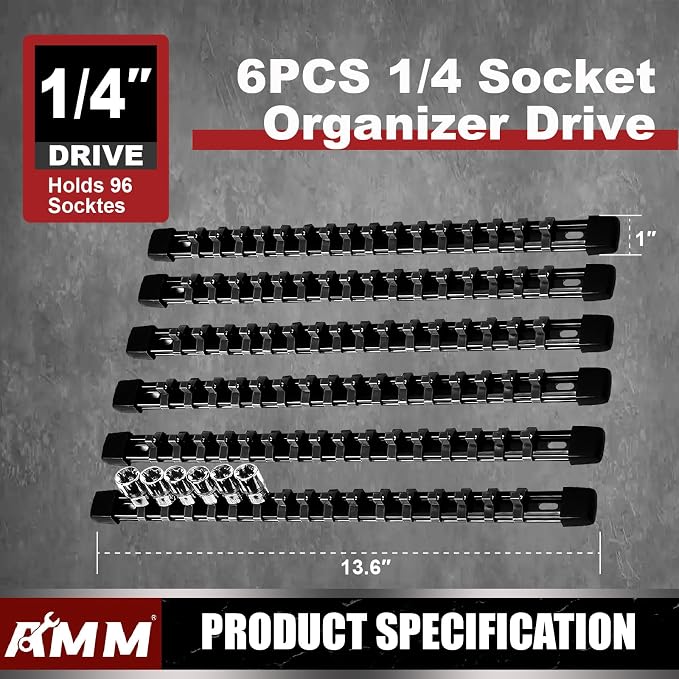 AMM 6-Piece Socket Organizer，1/4 inch Drive ABS Tools-Socket Holder，Heavy Duty Socket Racks，Premium Quality Socket Clip Rail Holder，The best tool trays in the garage