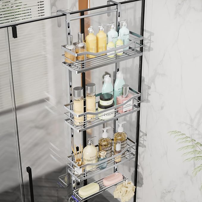 SWTYMIKI Over the Door Shower Caddy - 4 Tier Adjustable Shower Organizer Hanging with Soap Holder, No Drilling Stainless Steel Bathroom Rack Hanging for Body Wash, Shampoo, Soap, Razor, Silver