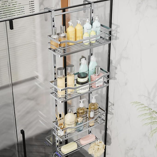 SWTYMIKI Over the Door Shower Caddy - 4 Tier Adjustable Shower Organizer Hanging with Soap Holder, No Drilling Stainless Steel Bathroom Rack Hanging for Body Wash, Shampoo, Soap, Razor, Silver