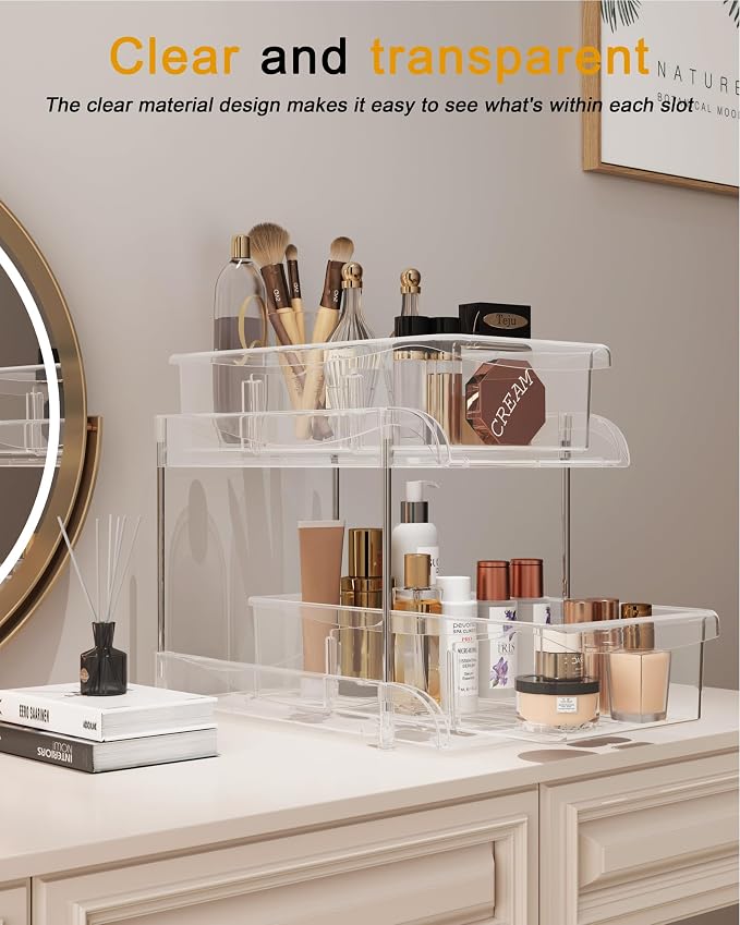 Sevenblue 2-Pack 2-Tier Under Sink Organizers with Sliding Drawers | Multi-use kitchen & bathroom storage, 10.6 inch clear cabinet organizer, space-saving sliding drawer design.