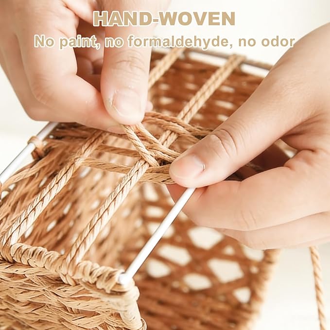 Wicker Storage Baskets, Handwoven Paper Rope Organizer Bins with Removable Floral Liner, Large for Bathroom, Pantry, Shelf, Countertop, Closet (Camel, L)