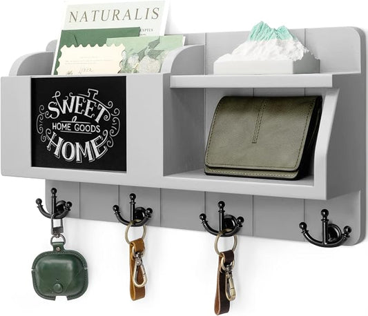Rebee Vision Key Holder Wall Mount with Mail Organizer for Entryway, Gray | Key Holder for Wall, with Chalkboard, 4 Key Hooks, Floating Shelf, Mail Organizer, Stores Small Items, Space-Saving Design