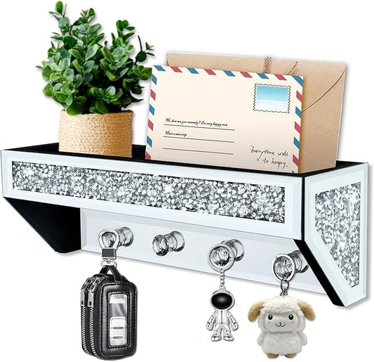Crushed Diamond Wall Key Holder with Shelf, Crystal Mirror Wall Mounted Key Holder with Shelf for Entryway and Home Decor