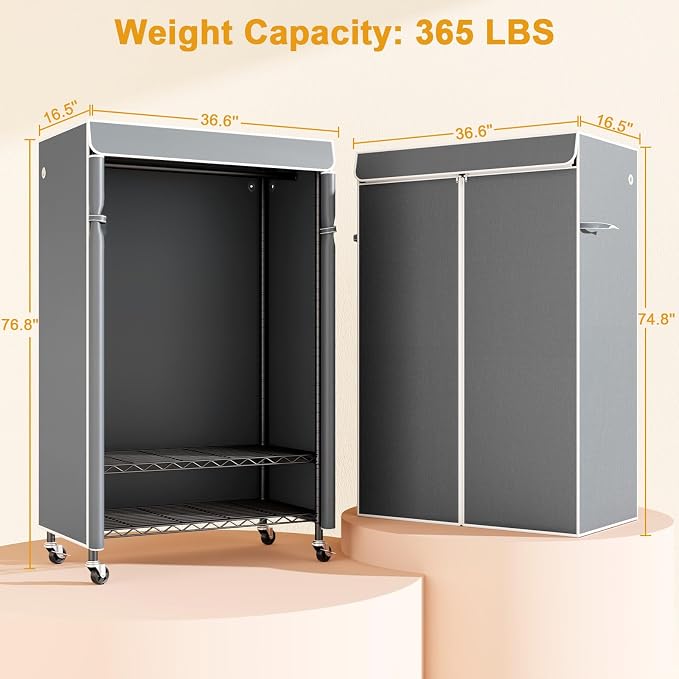 P6C Rolling Clothes Rack with Cover, 3-Tier Covered Clothing Rack | Portable Closets for Hanging Clothes, Heavy Duty Garment Rack on Wheels, Black Closet Rack with Gray Cover, Max Load 365LBS