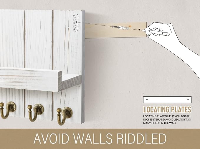 Rebee Vision Key Holder Wall Mount with Shelf for Living Room, Whitewash | 3.54" x 10" x 7.28", 5 Sturdy Hooks, Key Holder for Wall, Floating Shelf, Mail Organizer, Decorative Storage Accent Decor