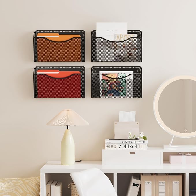 MINDEPOT Wall File Organizer, Hanging Wall File Holder, 2 Pack, Black | Heavy Duty Iron, Metal Mesh Wall Mount, Single Pocket, Mail Organizer, for Office School Classroom Home, Letter A4 Size