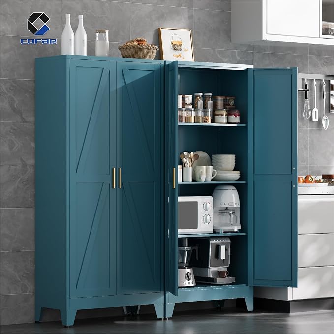 COFaR 61'' Tall Metal Storage Cabinet, Farmhouse Kitchen Pantry Cabinet with Doors and 3 Adjustable Shelves, Metal Pantry Storage Cabinets for Kitchen, Laundry, Peacock Blue 4-Tier