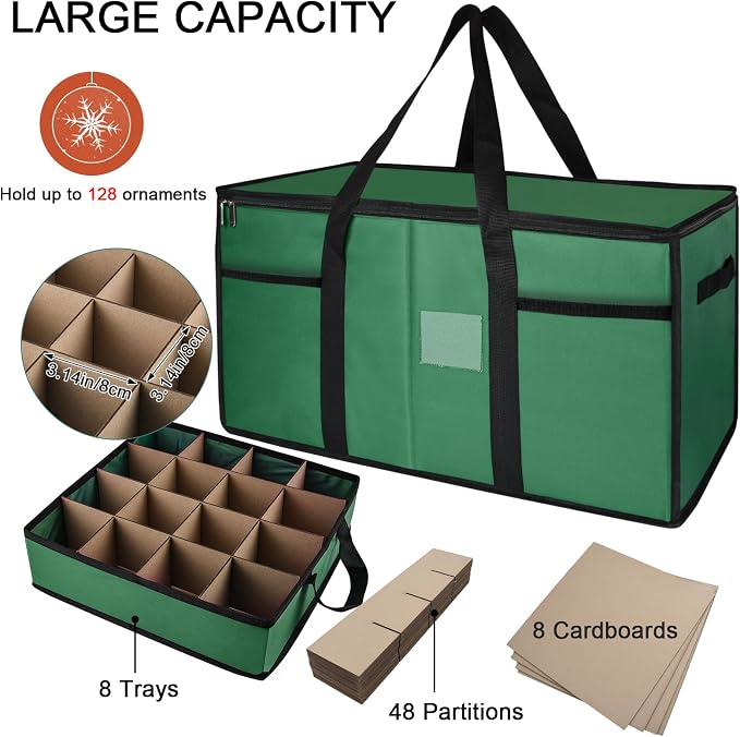 Christmas Ornament Storage Box with Dividers, Holds 128 Balls, Green | 600D Oxford Fabric, Adjustable Dividers, Removable Trays, Dual Zippers, Reinforced Handles