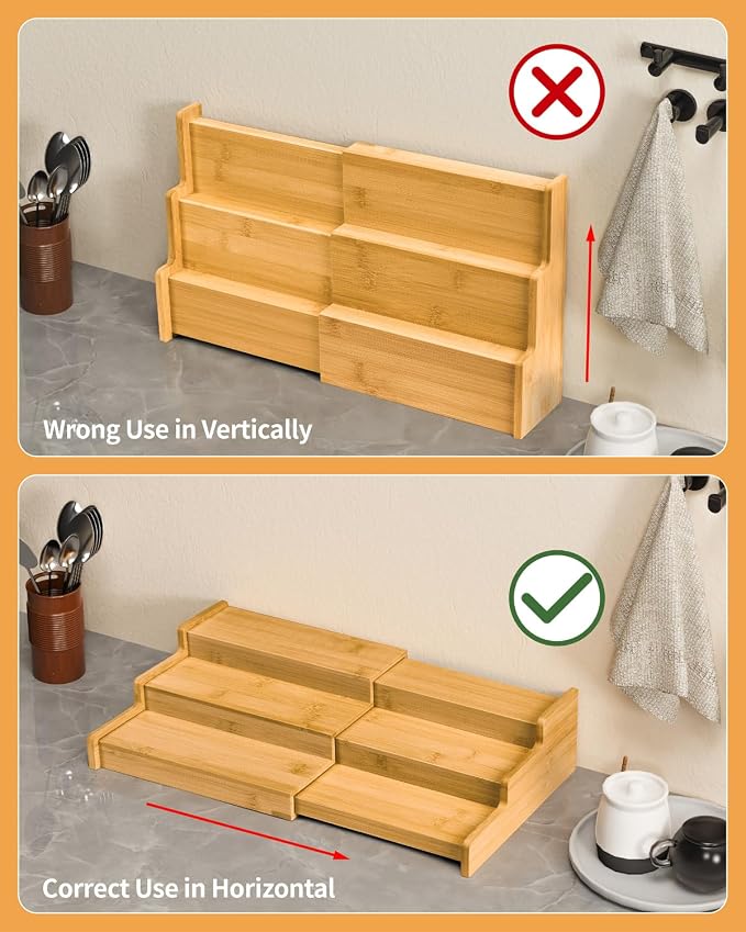 Spice Rack 3-Tier Natural Bamboo, Adjustable Cabinet Organizer Shelf | Expands 8.7-15.6"cabinets. Stepped design, labels visible.Storage organizer saves space, easy wipe. For spices, jars,cans.