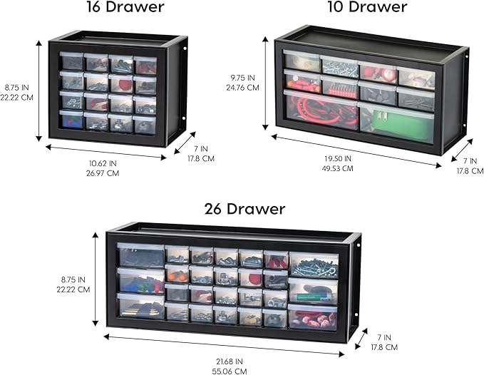 IRIS USA 16-Drawer Small Drawer Organizer, Garage Desk Storage, Black | Wall mountable, Stackable Teacher Toolbox, Beads, Building Bricks, Water Packets, Screws, Hardware