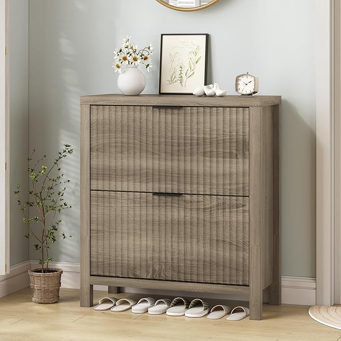 Fluted Shoe Cabinet Storage with 2 Flip Drawers for Entryway, Hallway | Narrow Shoe Rack Freestanding Shoe Organizer with Legs for Entryway，Hallway, Grey