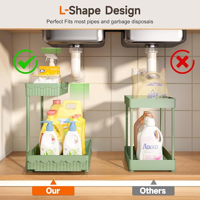 Sevenblue 3-Pack 2-Tier L-Shaped Under Sink Organizers with Sliding Drawers | Multi-use kitchen & bathroom storage, 12.85 inch green cabinet organizer, space-saving sliding drawer design.